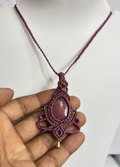 2025 Trendy Crafted By Hand Macrame Necklace Stone Size 20To25MM Pear Shape Rhodonite Gemstone Beads Green Color Threads Bezel Set Necklace For Women And Girl's Jewelry