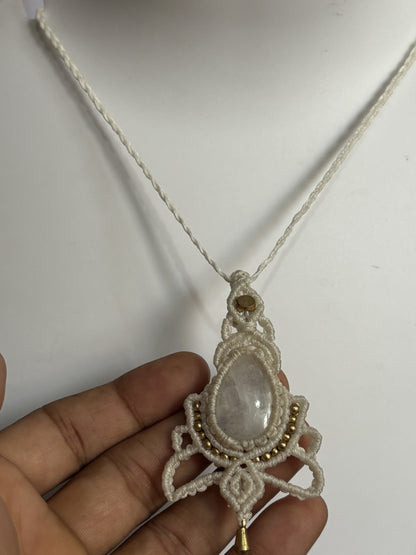 2025 Trendy Crafted By Hand Macrame Necklace Stone Size 20To25MM Pear Shape Rainbow Moonstone Gemstone Beads White Color Threads Bezel Set Necklace For Women And Girl's Jewelry