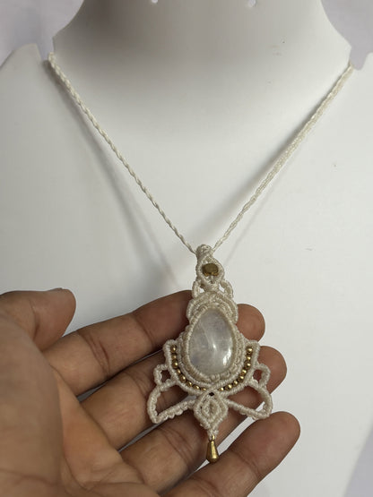 2025 Trendy Crafted By Hand Macrame Necklace Stone Size 20To25MM Pear Shape Rainbow Moonstone Gemstone Beads White Color Threads Bezel Set Necklace For Women And Girl's Jewelry