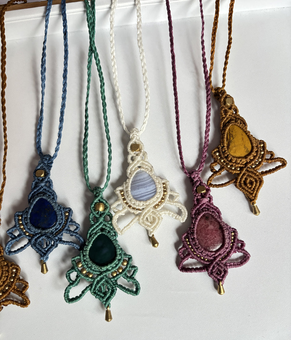 Macrame Necklace with Pear Shape Mixed Gemstones