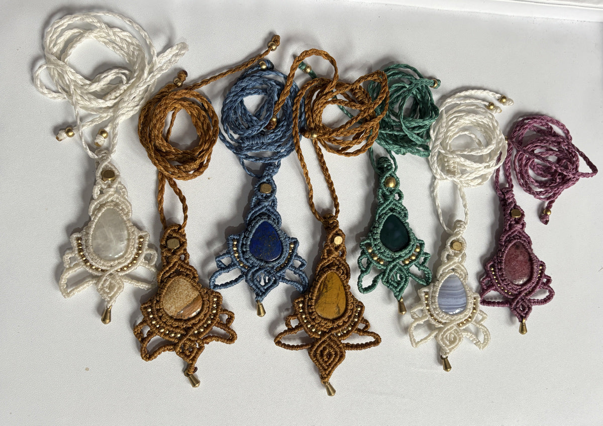 Macrame Necklace with Pear Shape Mixed Gemstones