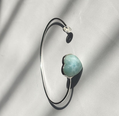925 Sterling Silver Adjustable Bangles 15MM Heart Shape Larimar Gemstone Bangle Bezel Set For Happy Birthday Gift's For Her Bangles