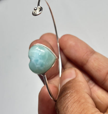 925 Sterling Silver Adjustable Bangles 15MM Heart Shape Larimar Gemstone Bangle Bezel Set For Happy Birthday Gift's For Her Bangles