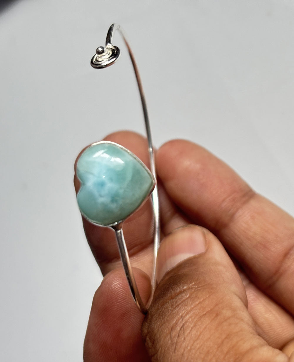 925 Sterling Silver Adjustable Bangles 15MM Heart Shape Larimar Gemstone Bangle Bezel Set For Happy Birthday Gift's For Her Bangles