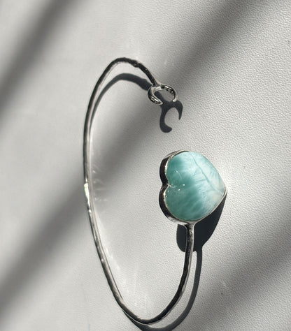 925 Sterling Silver Adjustable Bangles 15MM Heart Shape Larimar Gemstone Bangle Bezel Set For Happy Birthday Gift's For Her Bangles