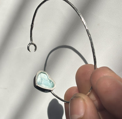 925 Sterling Silver Adjustable Bangles 15MM Heart Shape Larimar Gemstone Bangle Bezel Set For Happy Birthday Gift's For Her Bangles
