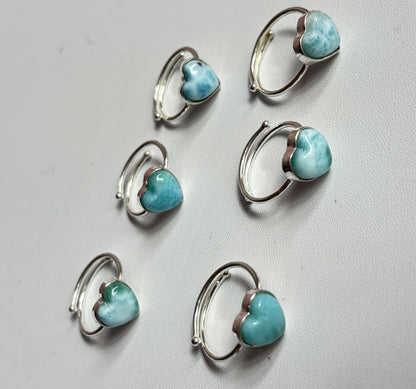 Awesome Handmade 925 Sterling Silver Adjustable Rings 12MM Heart Shape Larimar Gemstone Ring Bezel Setting Ring For Anniversary Gift Ring