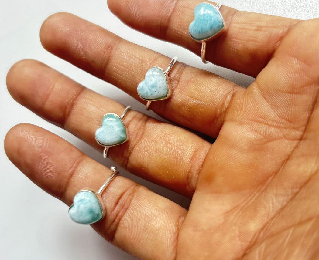 Handmade 925 Sterling Silver Adjustable Rings 12MM Heart Shape Larimar Gemstone Ring Bezel Setting Ring For Anniversary Gift Ring