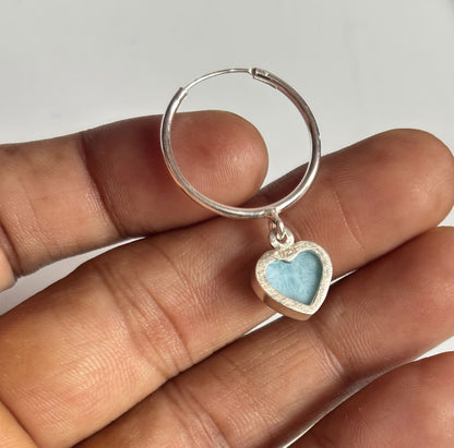 Awesome Handmade 925 Sterling Silver Hoop Pair Earrings Heart Shape 12MM Larimar Gemstone Earring Drilled Set For Women or Girl's Jewelry