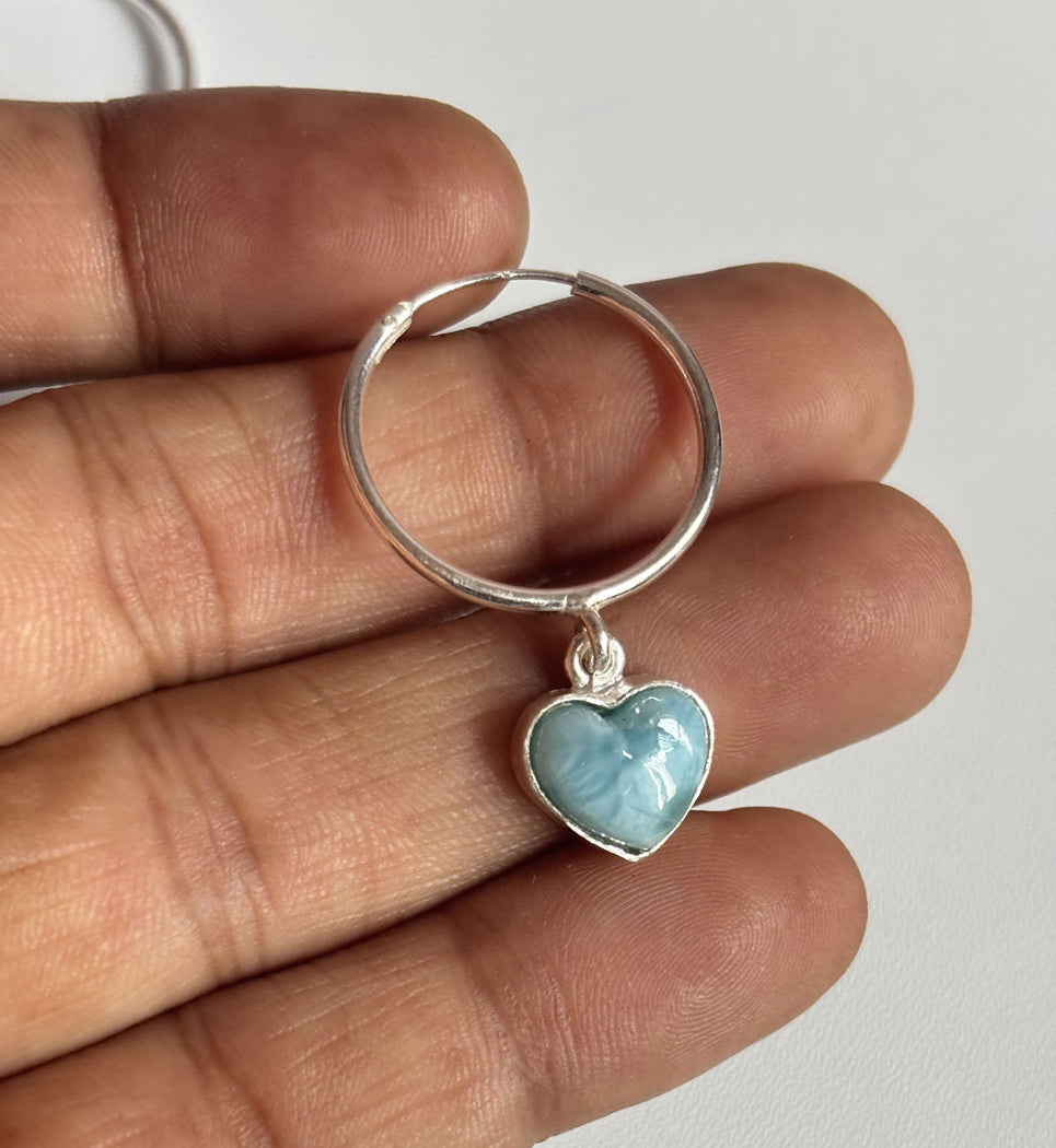 Awesome Handmade 925 Sterling Silver Hoop Pair Earrings Heart Shape 12MM Larimar Gemstone Earring Drilled Set For Women or Girl's Jewelry
