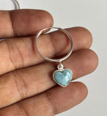 Awesome Handmade 925 Sterling Silver Hoop Pair Earrings Heart Shape 12MM Larimar Gemstone Earring Drilled Set For Women or Girl's Jewelry