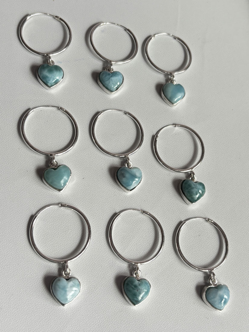 Awesome Handmade 925 Sterling Silver Hoop Pair Earrings Heart Shape 12MM Larimar Gemstone Earring Drilled Set For Women or Girl's Jewelry