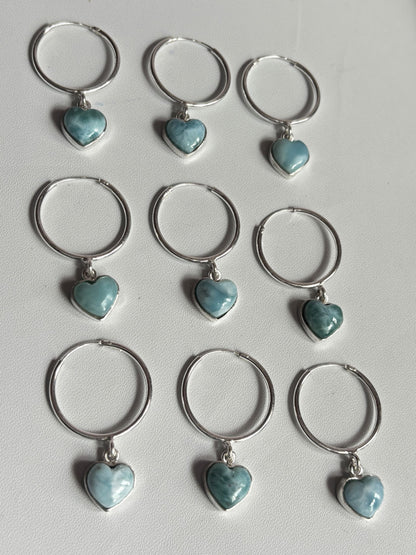 Awesome Handmade 925 Sterling Silver Hoop Pair Earrings Heart Shape 12MM Larimar Gemstone Earring Drilled Set For Women or Girl's Jewelry