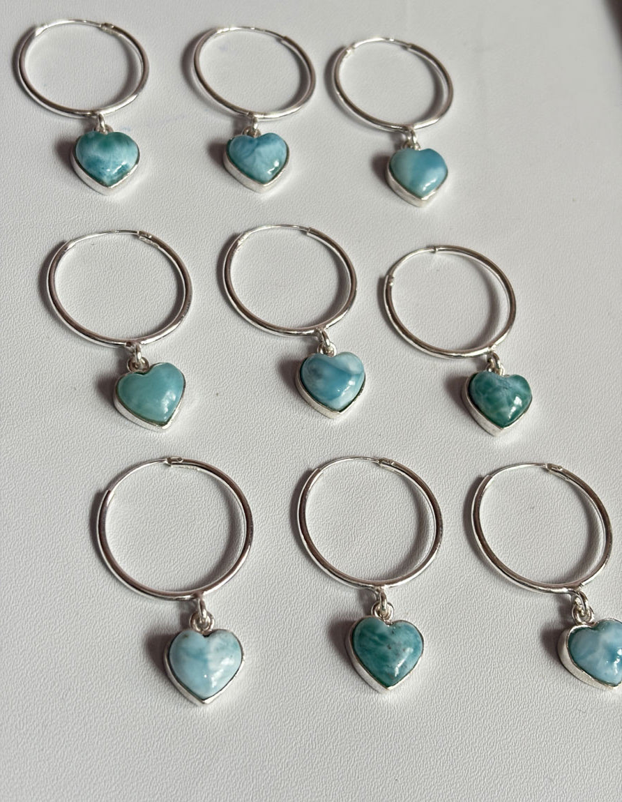 Awesome Handmade 925 Sterling Silver Hoop Pair Earrings Heart Shape 12MM Larimar Gemstone Earring Drilled Set For Women or Girl's Jewelry