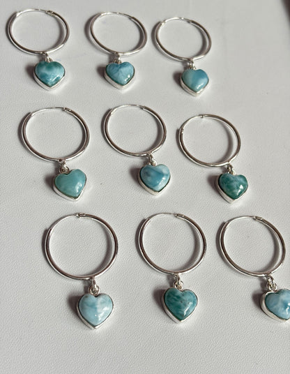 Awesome Handmade 925 Sterling Silver Hoop Pair Earrings Heart Shape 12MM Larimar Gemstone Earring Drilled Set For Women or Girl's Jewelry