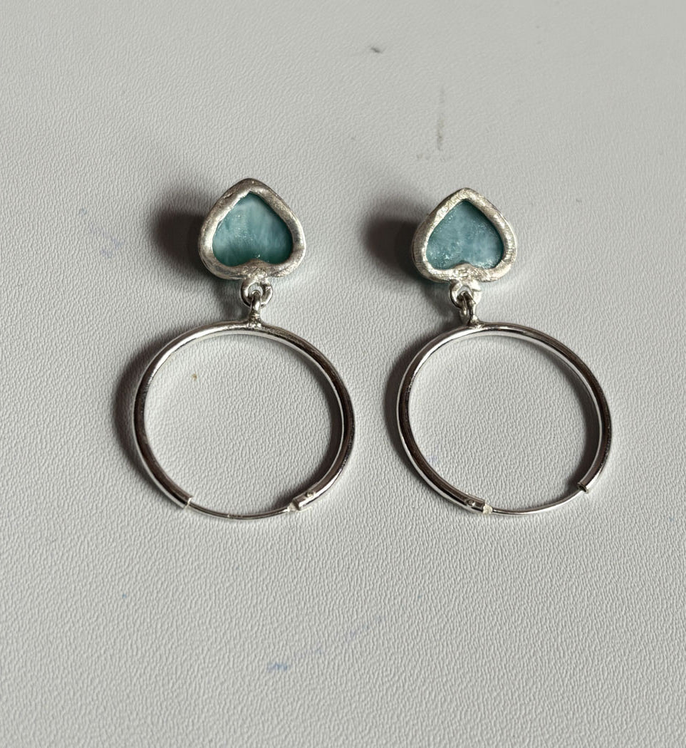 Awesome Handmade 925 Sterling Silver Hoop Pair Earrings Heart Shape 12MM Larimar Gemstone Earring Drilled Set For Women or Girl's Jewelry