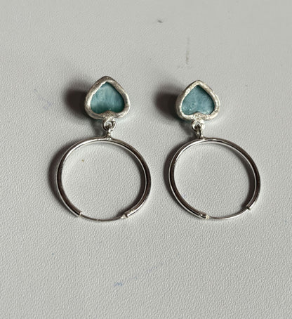 Awesome Handmade 925 Sterling Silver Hoop Pair Earrings Heart Shape 12MM Larimar Gemstone Earring Drilled Set For Women or Girl's Jewelry
