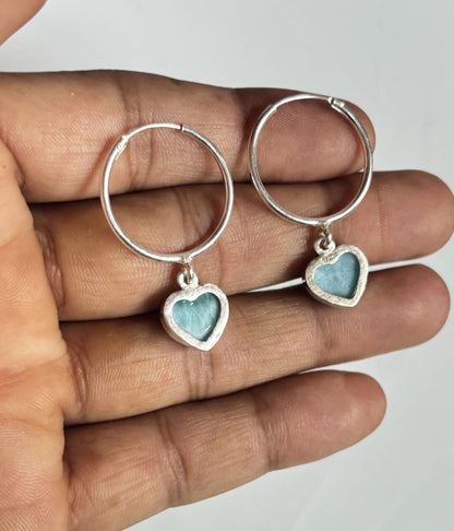 Awesome Handmade 925 Sterling Silver Hoop Pair Earrings Heart Shape 12MM Larimar Gemstone Earring Drilled Set For Women or Girl's Jewelry