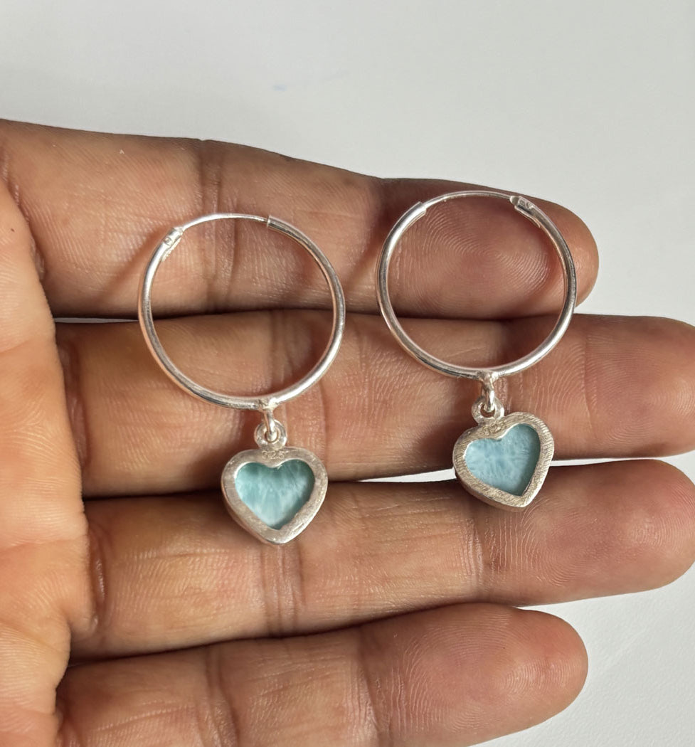 Awesome Handmade 925 Sterling Silver Hoop Pair Earrings Heart Shape 12MM Larimar Gemstone Earring Drilled Set For Women or Girl's Jewelry
