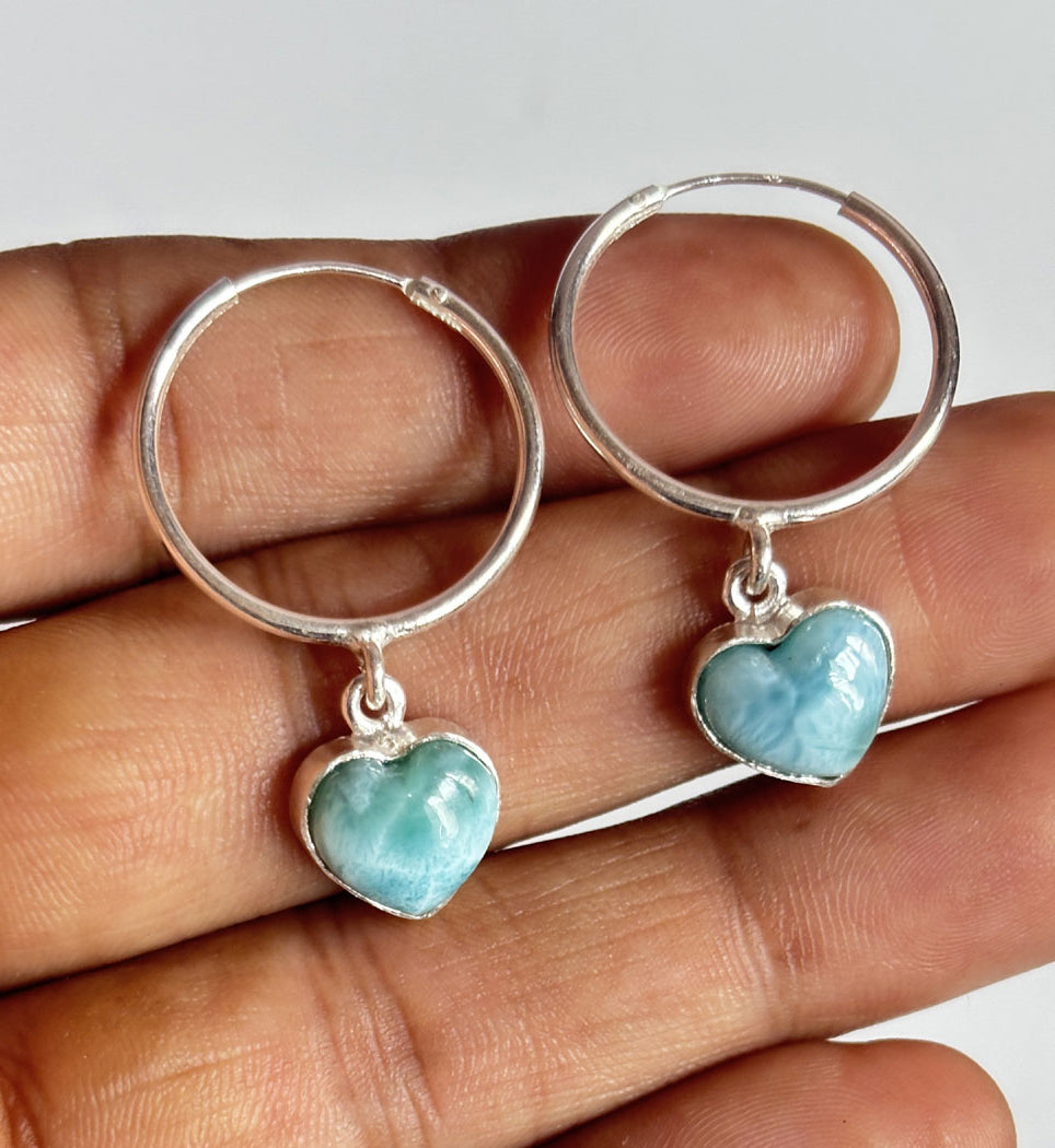 Awesome Handmade 925 Sterling Silver Hoop Pair Earrings Heart Shape 12MM Larimar Gemstone Earring Drilled Set For Women or Girl's Jewelry