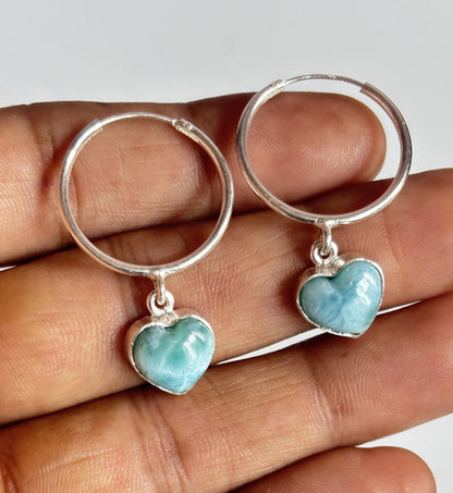 Awesome Handmade 925 Sterling Silver Hoop Pair Earrings Heart Shape 12MM Larimar Gemstone Earring Drilled Set For Women or Girl's Jewelry