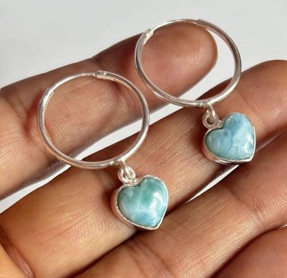 Awesome Handmade 925 Sterling Silver Hoop Pair Earrings Heart Shape 12MM Larimar Gemstone Earring Drilled Set For Women or Girl's Jewelry