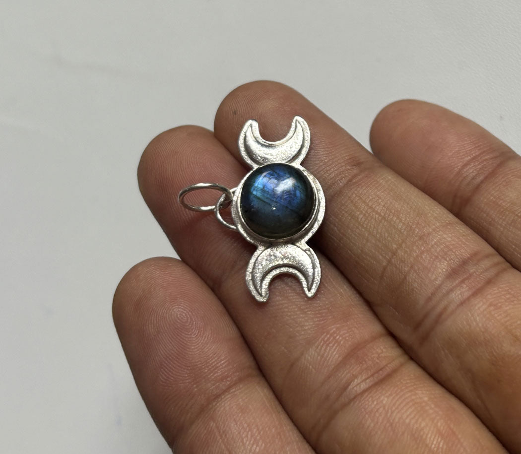 Handmade 10MM Round Three Half Moon Shape Labradorite Gemstone Pendant Bezel Setting 925 Sterling Silver Gold Plated Pendant Anniversary Gift for Wife For Her