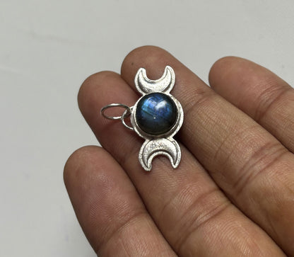 Handmade 10MM Round Three Half Moon Shape Labradorite Gemstone Pendant Bezel Setting 925 Sterling Silver Gold Plated Pendant Anniversary Gift for Wife For Her