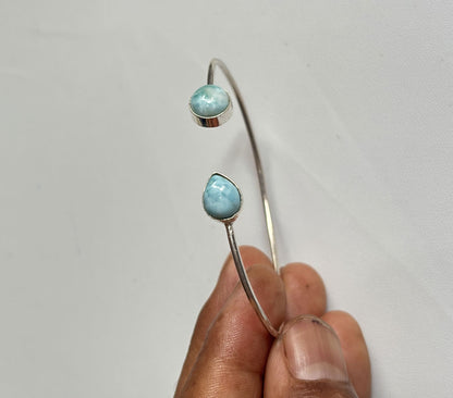 925 Sterling Silver Adjustable Bangles 9To12MM Pear or Heart Shape Larimar Gemstone Bangle Bezel Set For Happy Birthday Gift's For Her Bangles