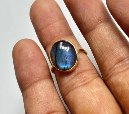 Handmade 925 Sterling Silver Adjustable Rings 12MM Oval Shape Labradorite Gemstone Ring Bezel Setting Ring For Anniversary Gift Ring