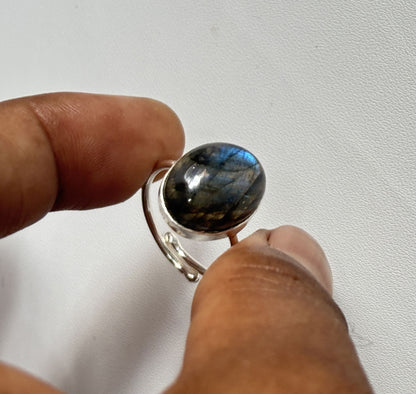 Handmade 925 Sterling Silver Adjustable Rings 12MM Oval Shape Labradorite Gemstone Ring Bezel Setting Ring For Anniversary Gift Ring