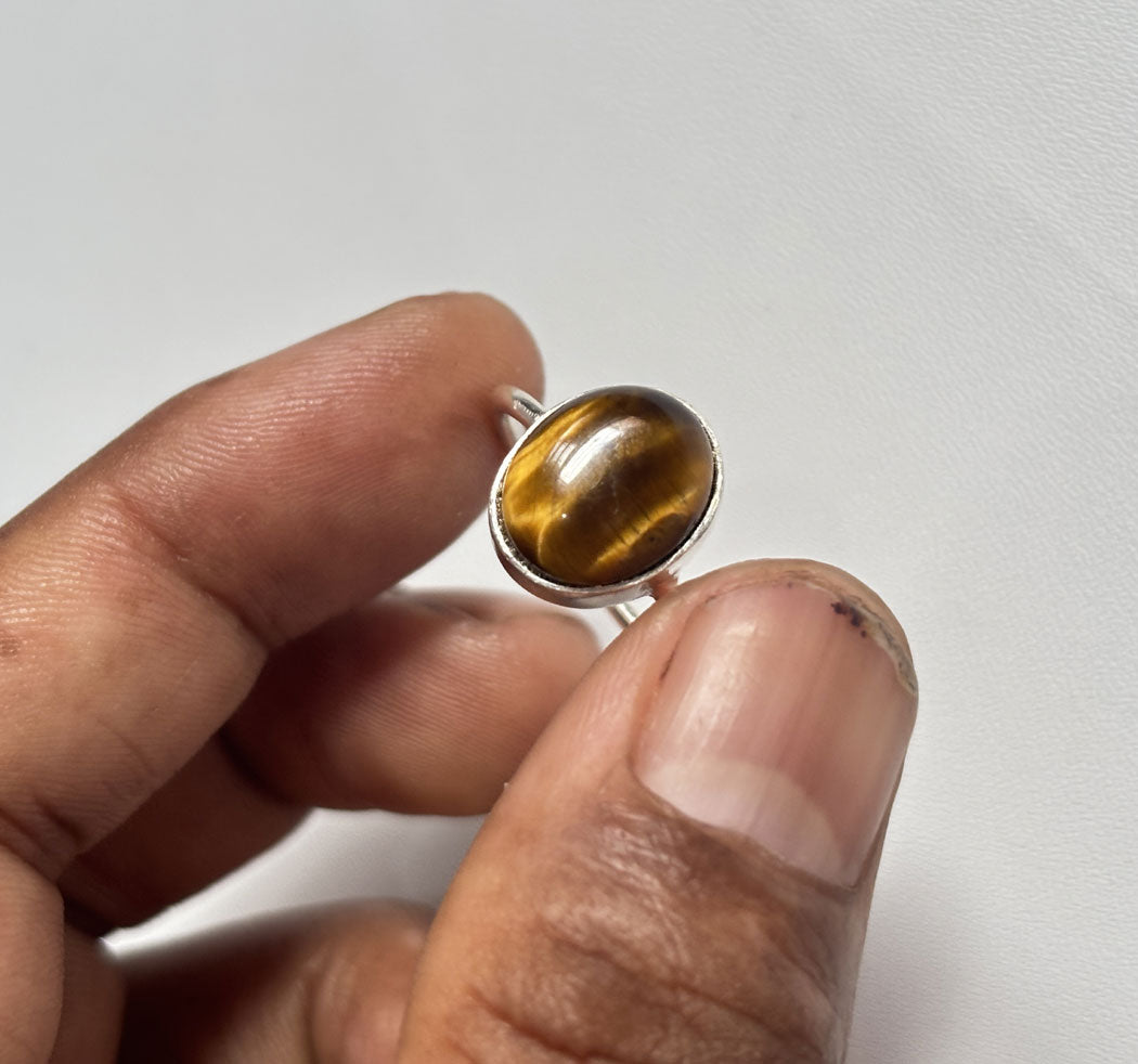 Handmade 925 Sterling Silver Adjustable Rings 12MM Oval Shape Tiger Eyes Gemstone Ring Bezel Setting Ring For Anniversary Gift Ring