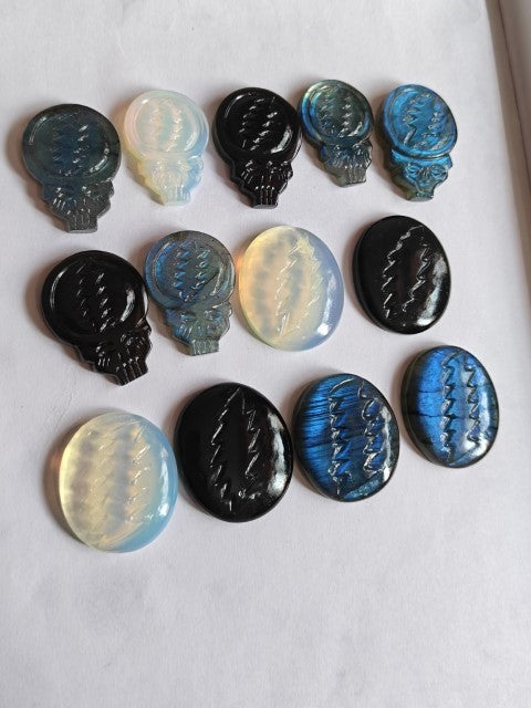 Carved Steal Your Face Skull Cabochons | Labradorite Opalite