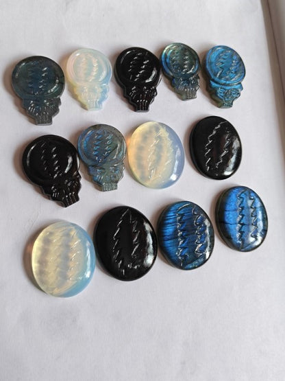 Carved Steal Your Face Skull Cabochons | Labradorite Opalite