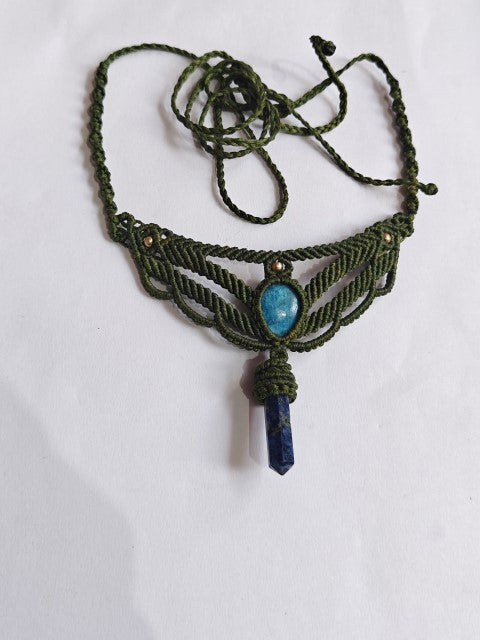 Green Macrame Necklace with Turquoise & Lapis Point | Handmade