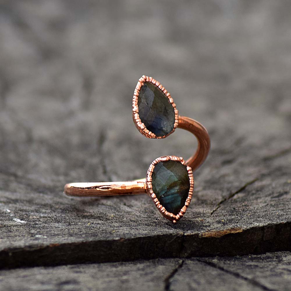 Adjustable Handmade Brass Ring 6X9MM Pear Shape Labradorite Ruby Gemstone Bezel Set Ring For Happy Birthday Gift For Women