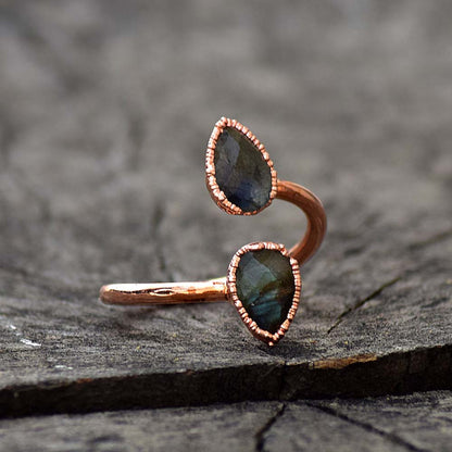 Adjustable Handmade Brass Ring 6X9MM Pear Shape Labradorite Ruby Gemstone Bezel Set Ring For Happy Birthday Gift For Women