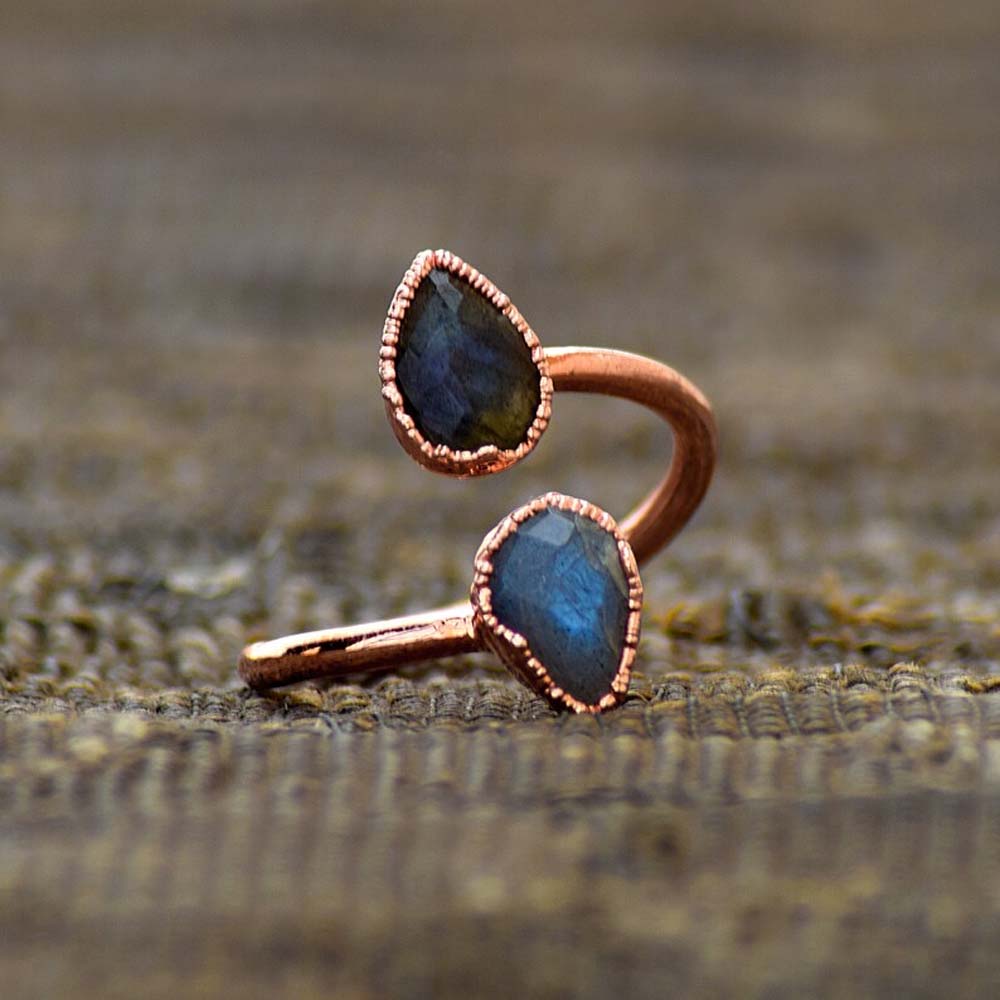 Adjustable Handmade Brass Ring 6X9MM Pear Shape Labradorite Ruby Gemstone Bezel Set Ring For Happy Birthday Gift For Women