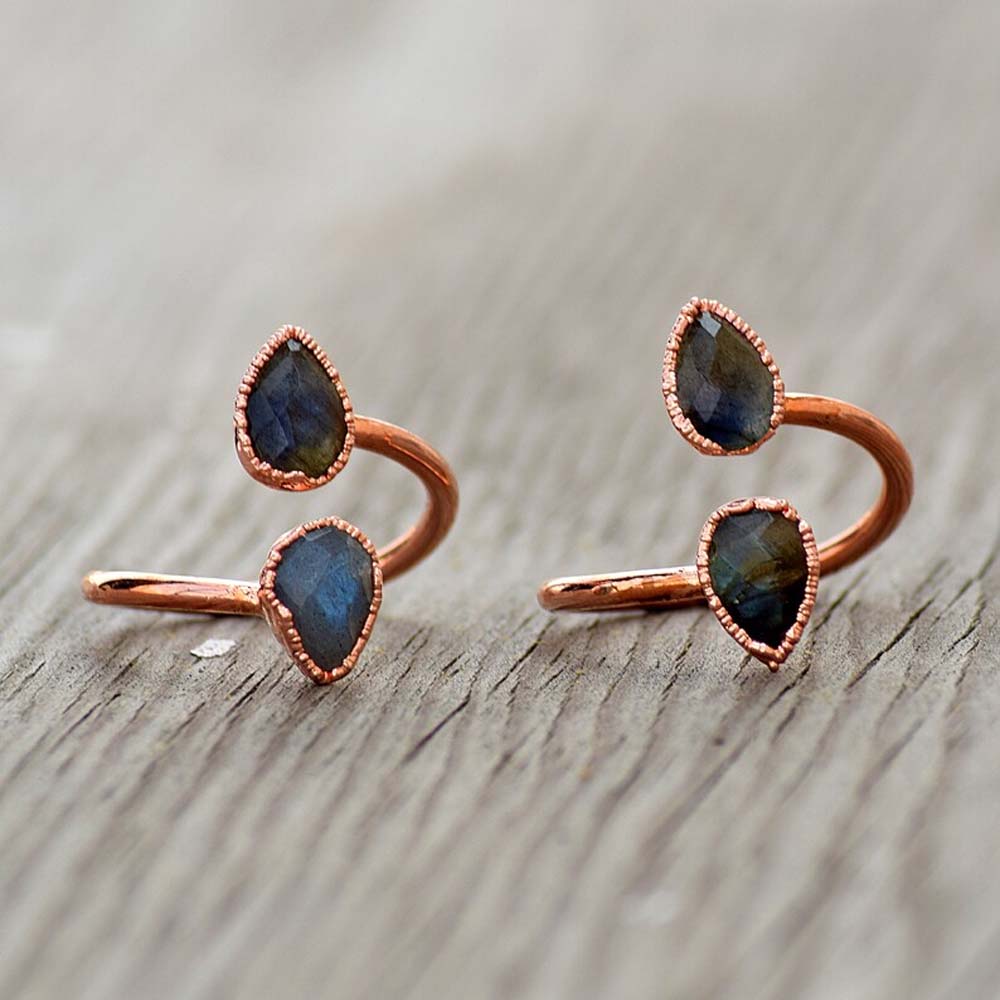 Adjustable Handmade Brass Ring 6X9MM Pear Shape Labradorite Ruby Gemstone Bezel Set Ring For Happy Birthday Gift For Women