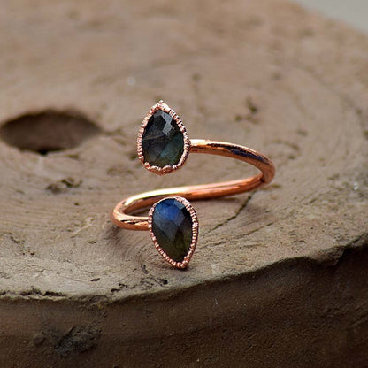 Adjustable Handmade Brass Ring 6X9MM Pear Shape Labradorite Ruby Gemstone Bezel Set Ring For Happy Birthday Gift For Women