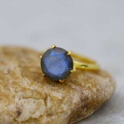Adjustable Handmade Brass Ring 10MM Round Shape Labradorite Ruby Gemstone Prong Set Ring For Happy Birthday Gift For Women