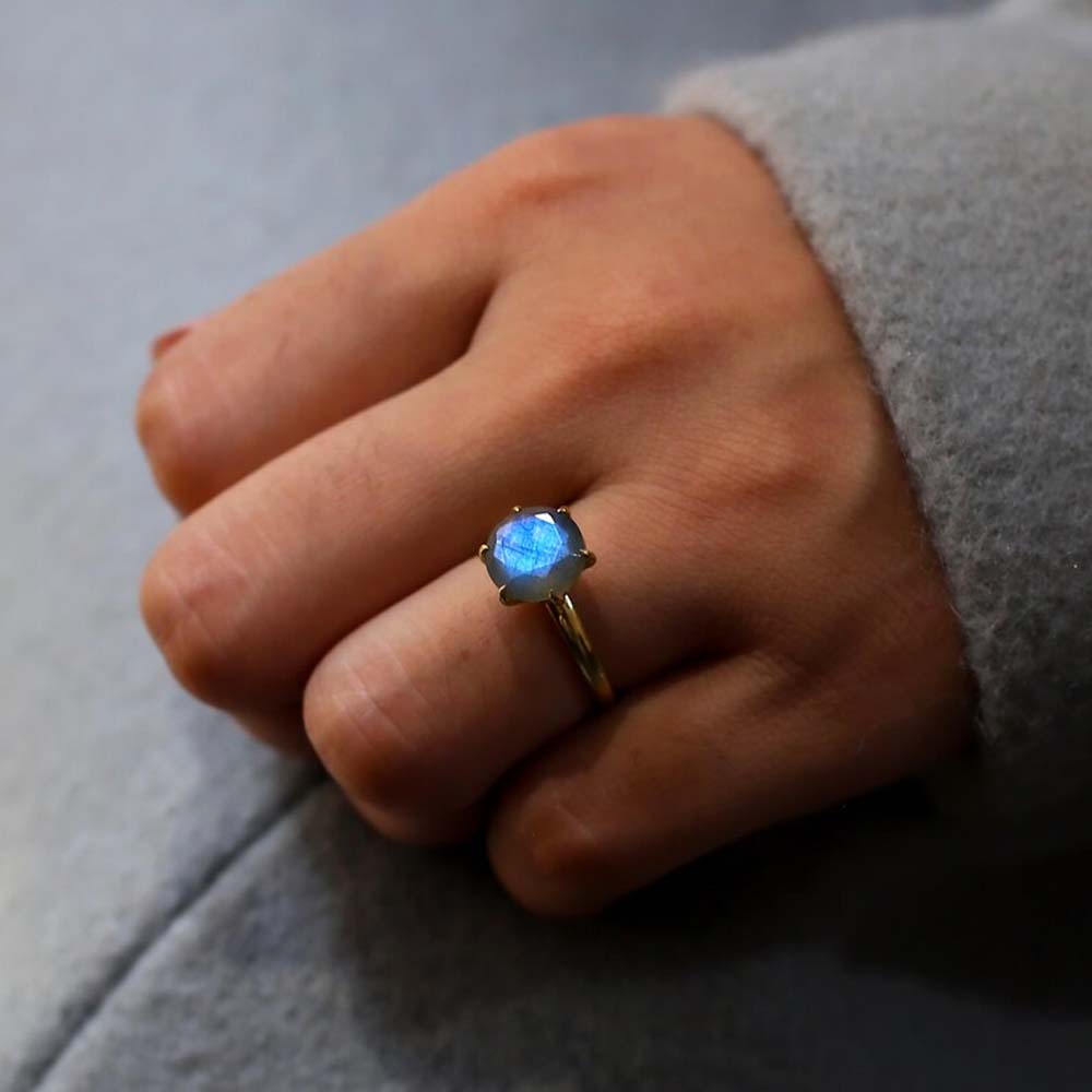 Adjustable Handmade Brass Ring 10MM Round Shape Labradorite Ruby Gemstone Prong Set Ring For Happy Birthday Gift For Women