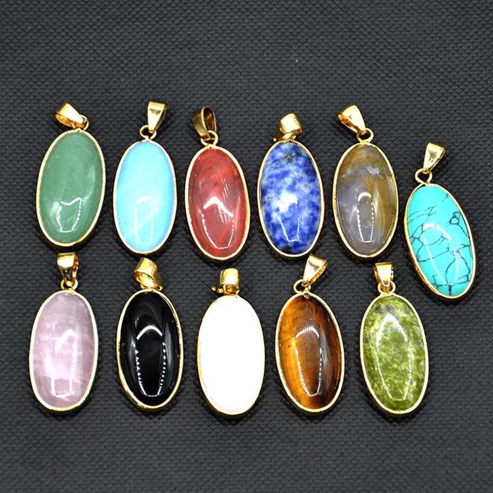 Awesome Handmade Stone 9To18MM Approx. Oval Shape Chalcedony Multi Color Gemstone Beads Pendant Drilled Setting Metal Brass Pendant For Happy Birthday Gift Pendant