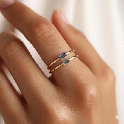 Handmade Brass Ring 3MM Rectangle Shape Blue Sapphire Gemstone Bezel Set Ring For Happy Birthday Gift For Women