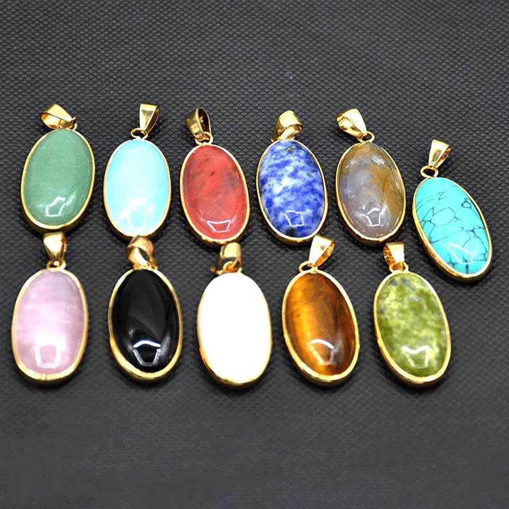 Awesome Handmade Stone 9To18MM Approx. Oval Shape Chalcedony Multi Color Gemstone Beads Pendant Drilled Setting Metal Brass Pendant For Happy Birthday Gift Pendant