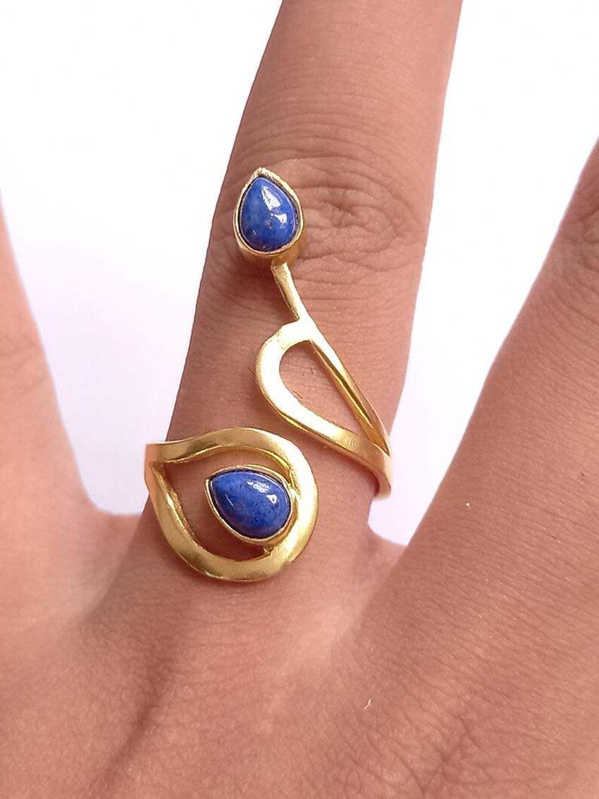 Adjustable Handmade Brass Ring 5To7MM Pear Shape lapis Lazuli Gemstone Bezel Set Ring For Happy Birthday Gift For Women