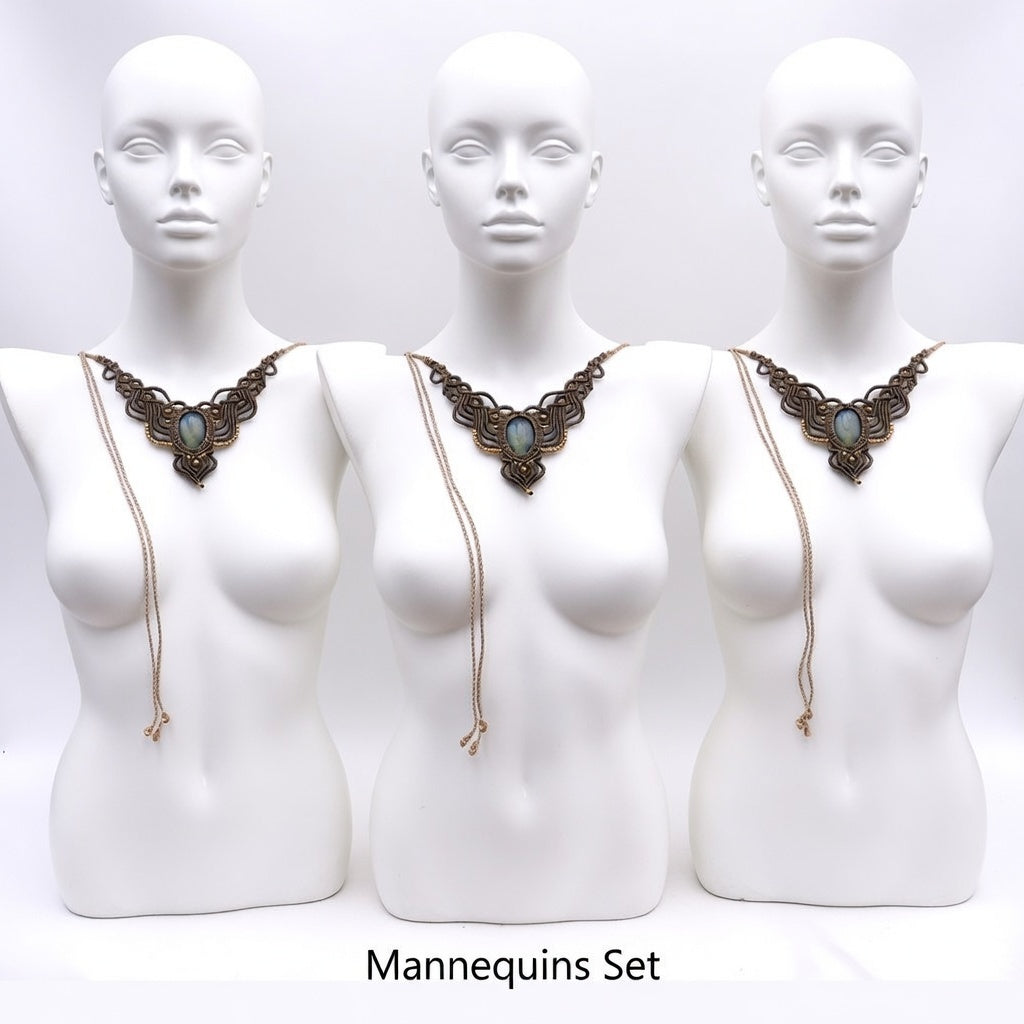 Dark Labradorite Macrame Necklace - Grey Wide Weave