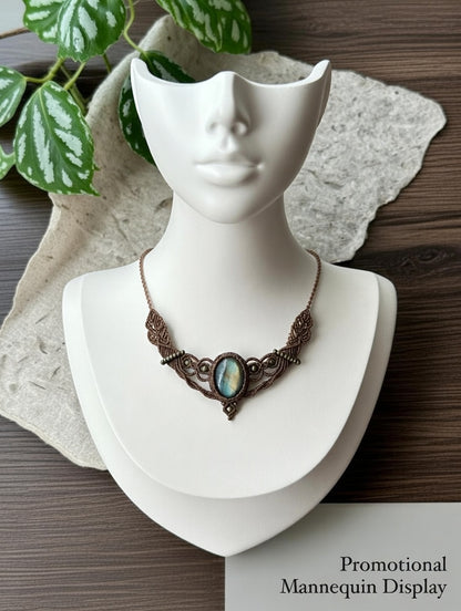 Dark Labradorite Macrame Necklace - Grey Wide Weave