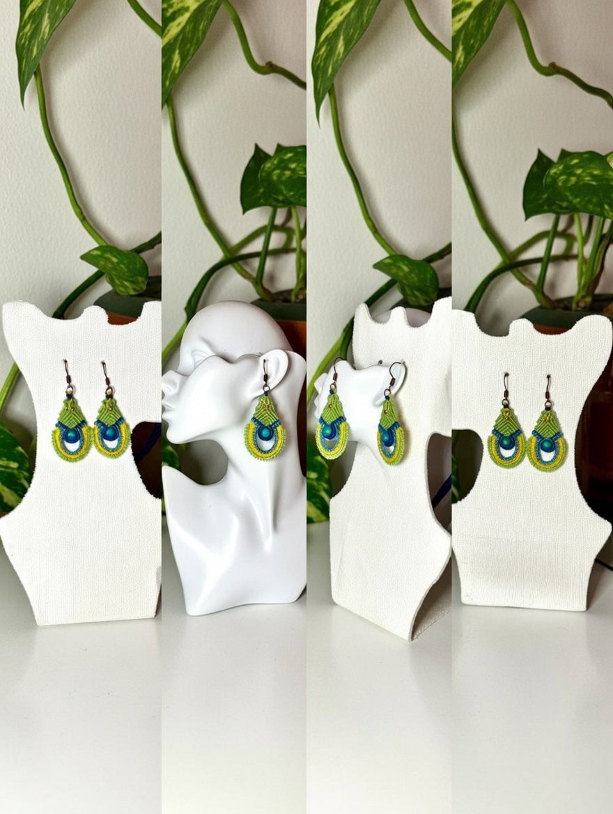 Peacock Green Macramé Drop Earrings | Hariom Creations