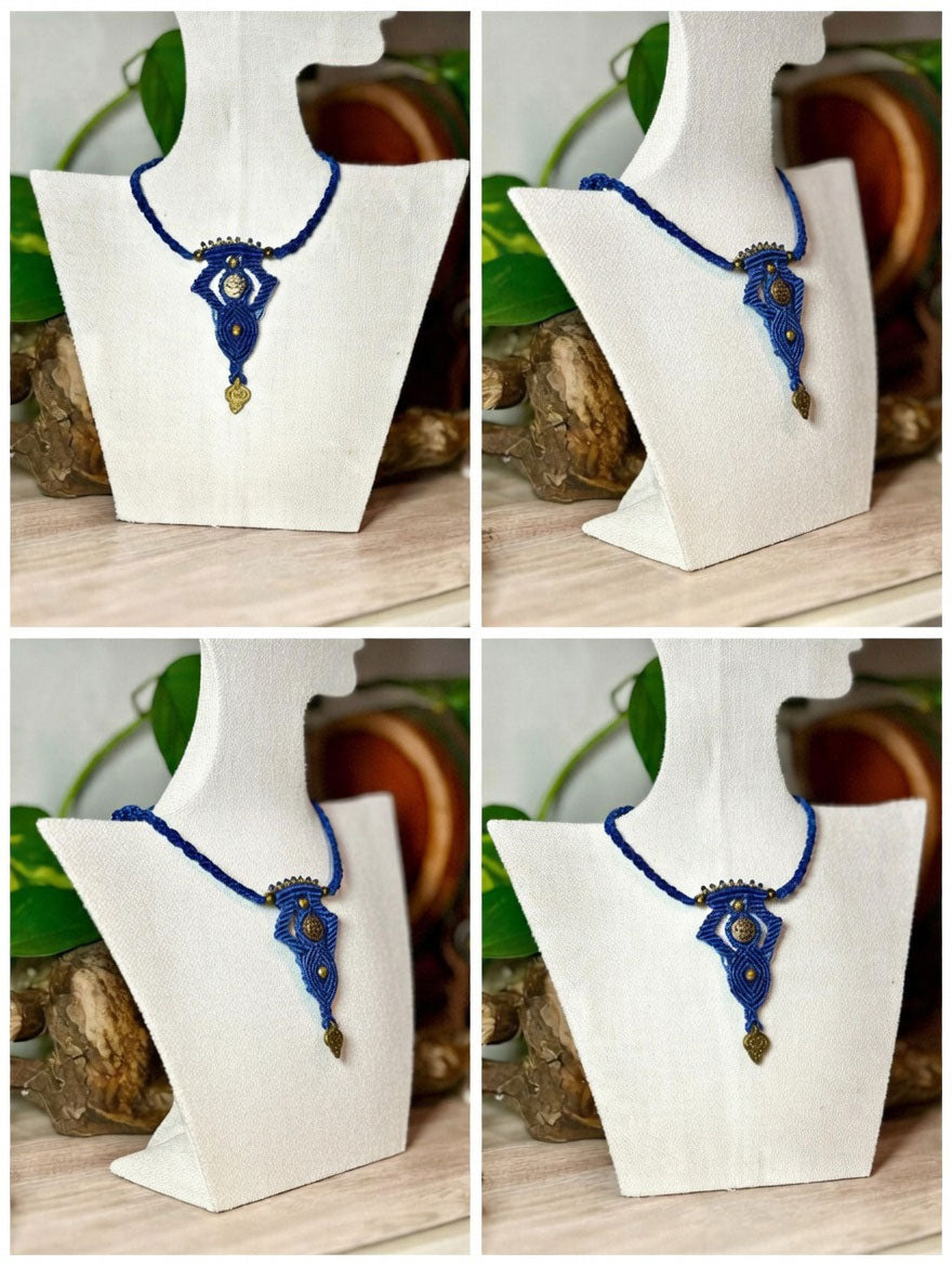 Royal Blue Macramé Pendant with Brass Accents | Hariom Creations